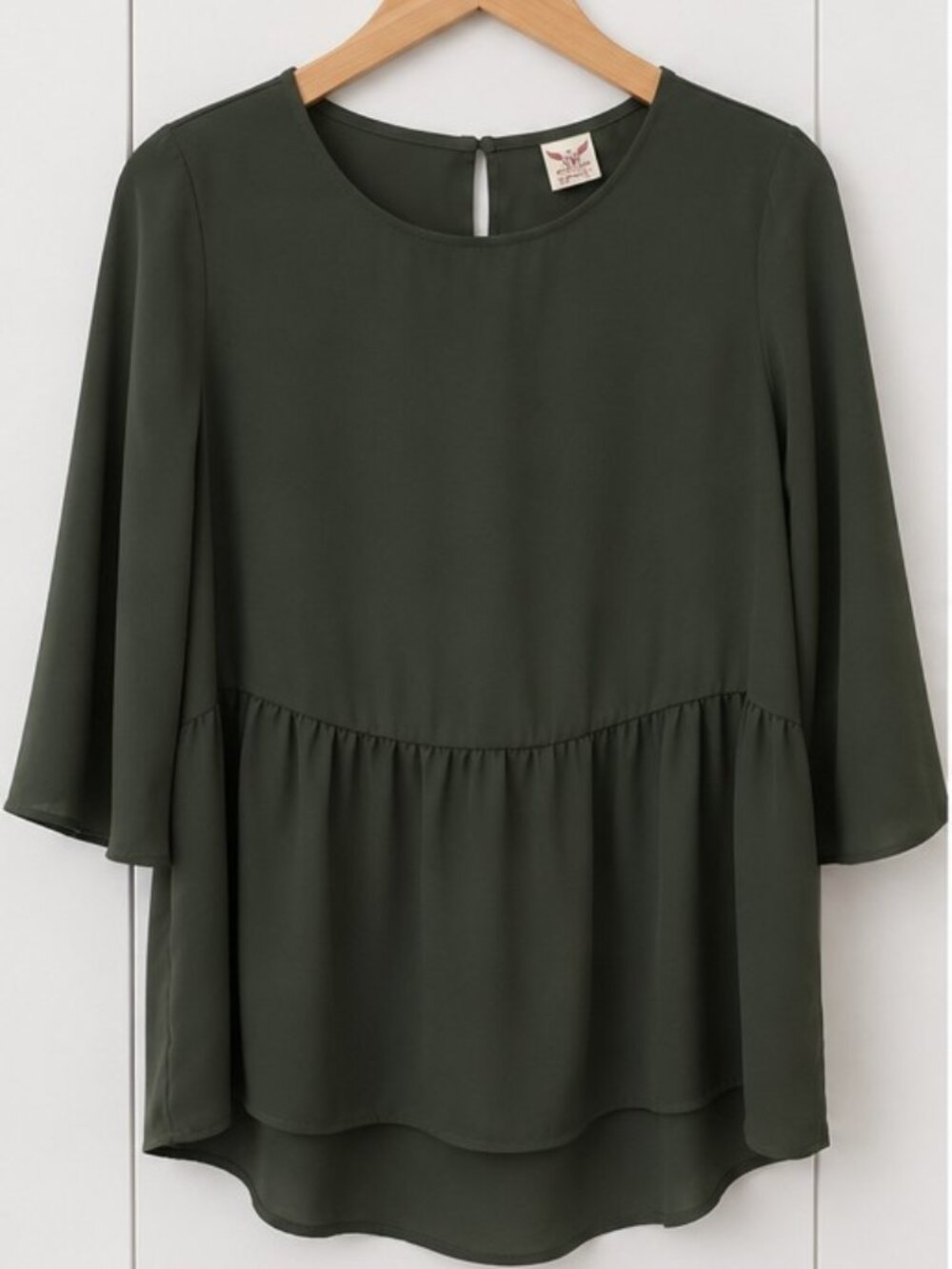 Faded Glory Olive Green Babydoll Blouse Size Medium (8-10) Flowy 3/4 Sleeve
